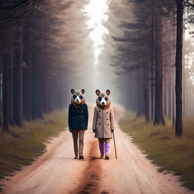 Surreal forest scene: two figures in animal masks on misty path