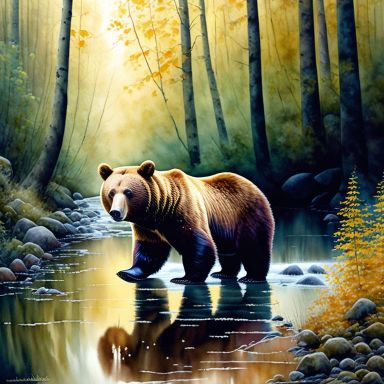 Bear standing in forest stream with autumn trees reflecting in water