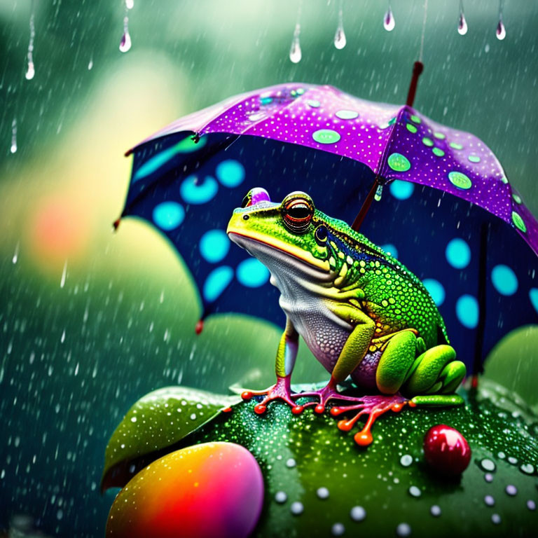 Colorful Frog Under Polka-Dotted Umbrella on Leaf with Rain Background