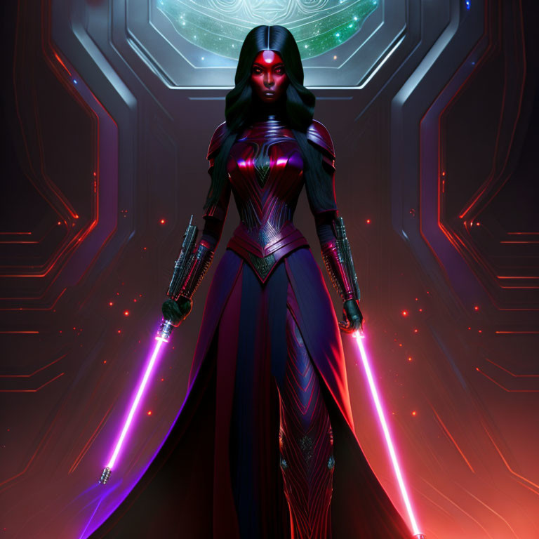 Futuristic female warrior with glowing purple swords in sci-fi setting