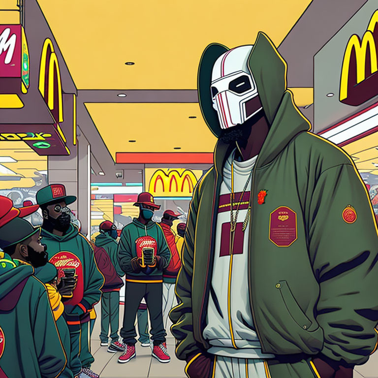 Person in green jacket and mask at crowded McDonald's with people in red caps