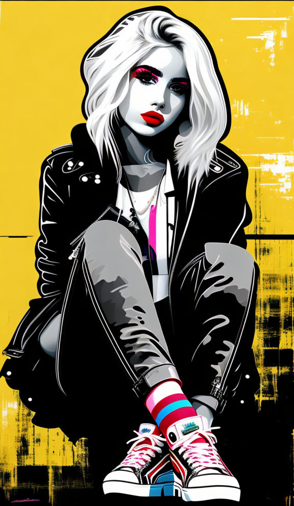 Digital art: White-haired woman in leather jacket with red lips, colorful sneakers, on yellow backdrop