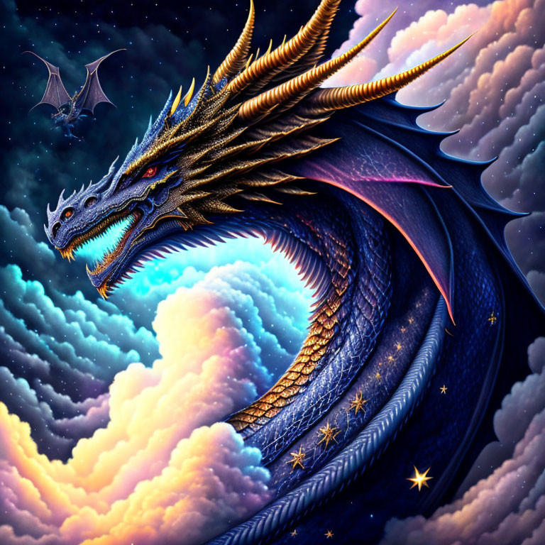 Blue dragon with golden spikes flying in starry sky with cosmic portal