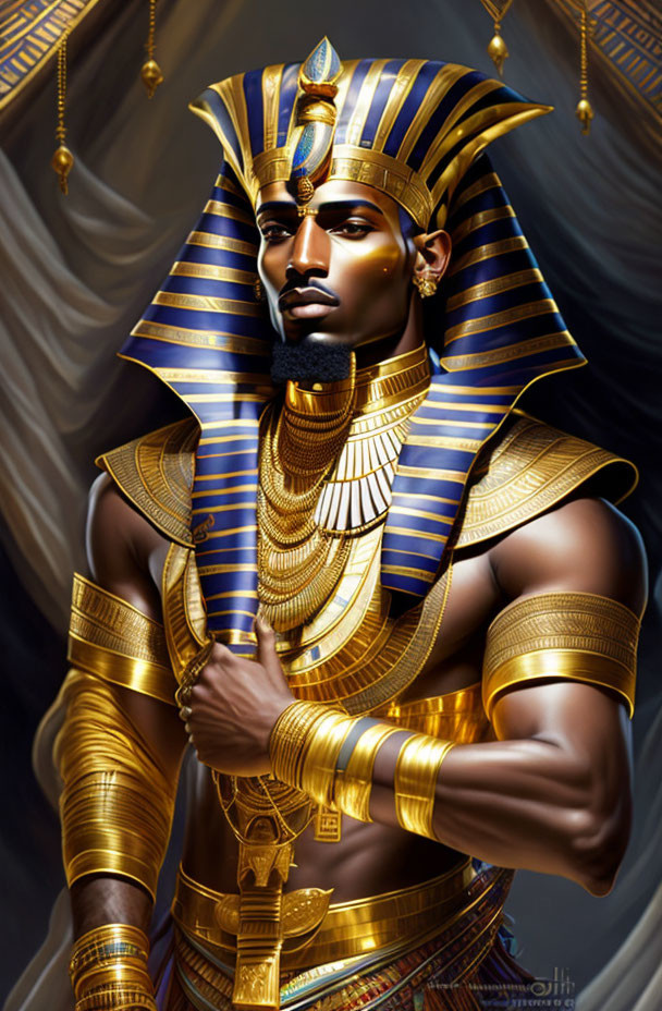 Ancient Egyptian Pharaoh with Traditional Attire and Stern Expression