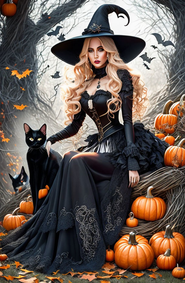 Woman in black witch costume with cat, pumpkins, and autumn leaves