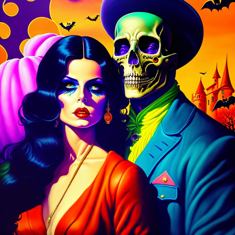 Dark-haired woman and skull-faced partner in formal attire with castle backdrop.