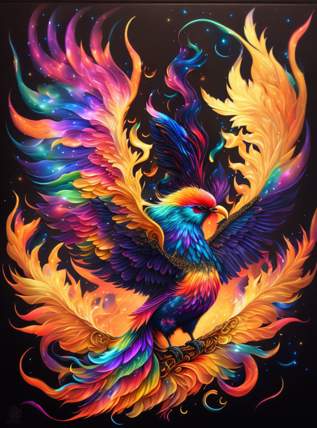 Colorful Phoenix Illustration with Fiery Wings on Galaxy Background