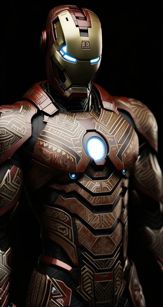 Detailed Iron Man suit with tribal patterns & glowing arc reactor.