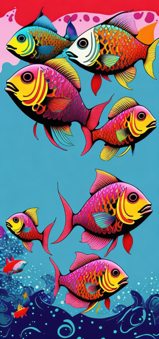 Vibrant Tropical Fish in Blue and Pink Ocean Scene