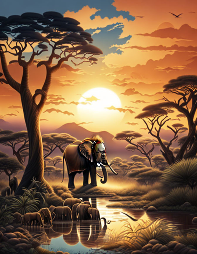 Elephant and Calf Crossing African Landscape at Sunset