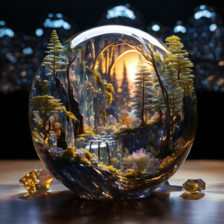 Glass sculpture of forest scene with trees, waterfall, sun, and bokeh lights