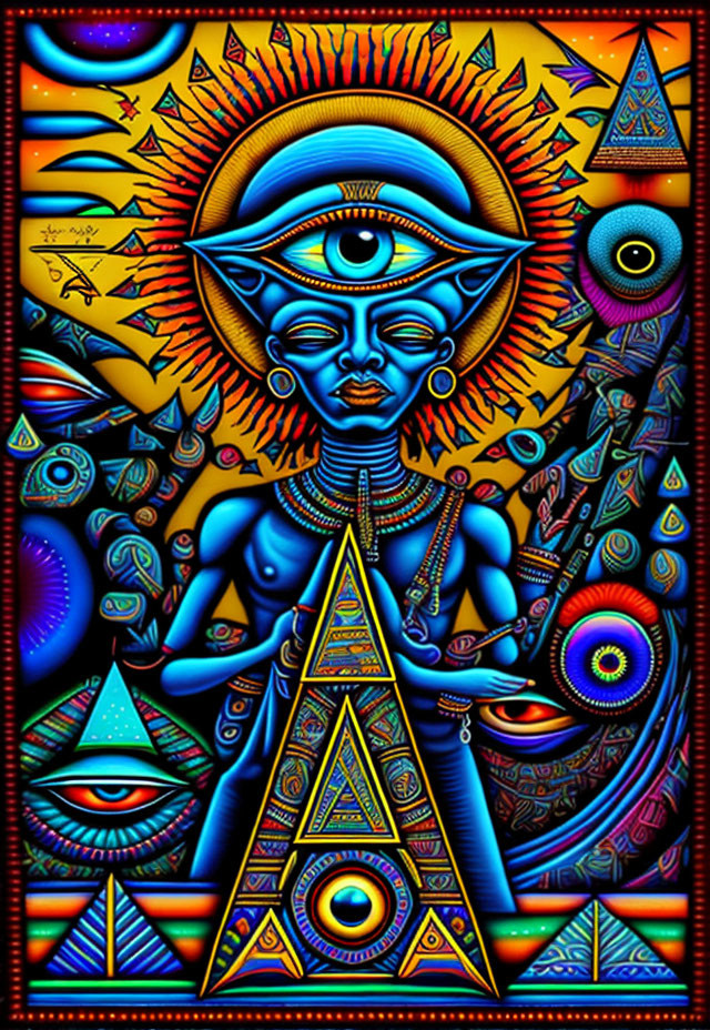 Colorful Alien Figure with Symbolic Eyes, Suns, and Pyramids