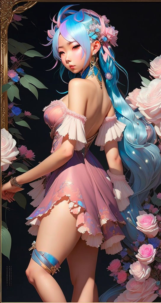 Woman with Blue Hair and Pink Dress Surrounded by Roses