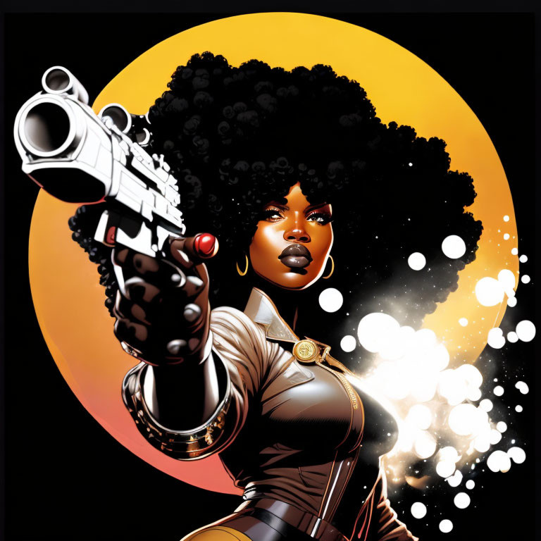 Illustrated female character with afro holding futuristic gun in front of orange circle and white dots.