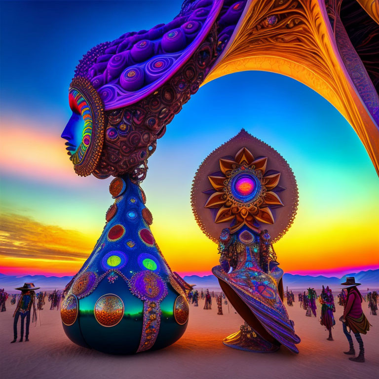 Colorful festival sunset with peacock-themed sculptures and people under vivid sky