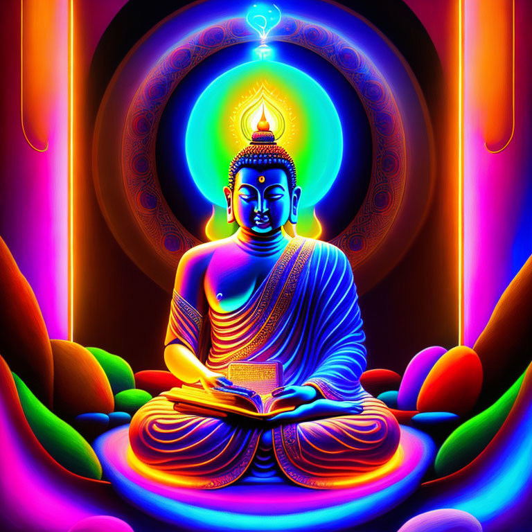 Colorful Buddha Meditating with Book in Digital Art