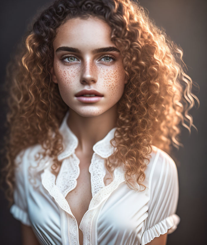 Curly Haired Woman in White Blouse with Blue Eyes