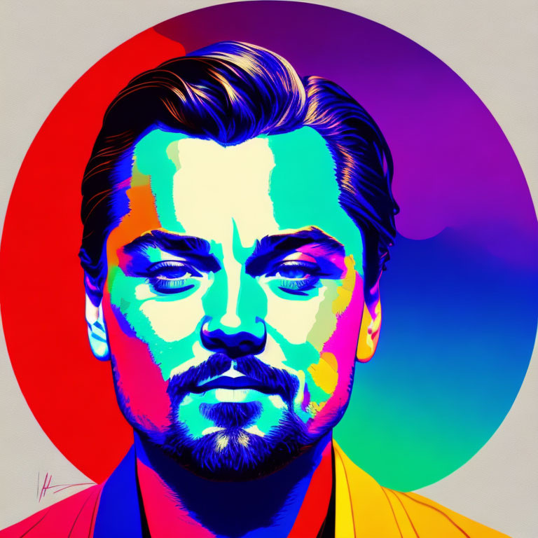 Vibrant pop art portrait of a serious man in purple, blue, yellow, and magenta