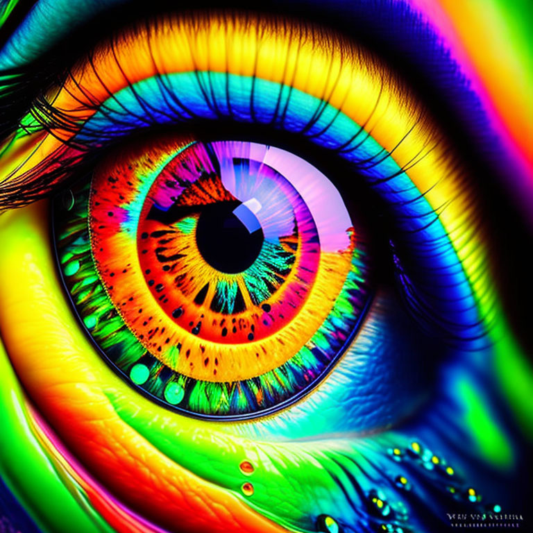 Colorful Close-Up: Human Eye with Rainbow Hues & Intricate Iris Patterns