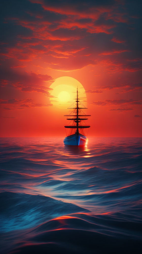 Sailing ship on glowing waters under vibrant sunset sky