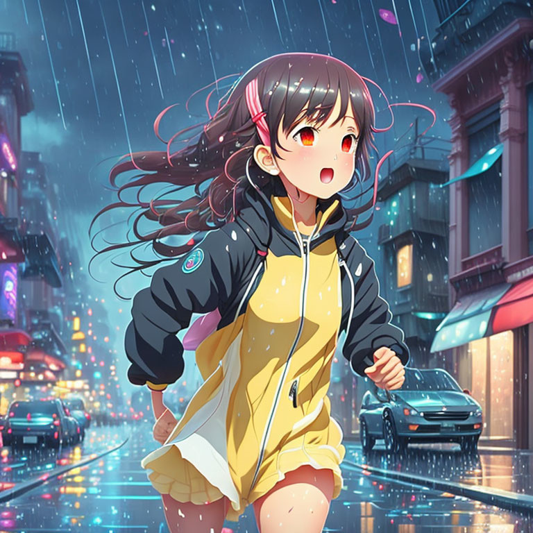 Animated girl with headphones in rainy city street at night