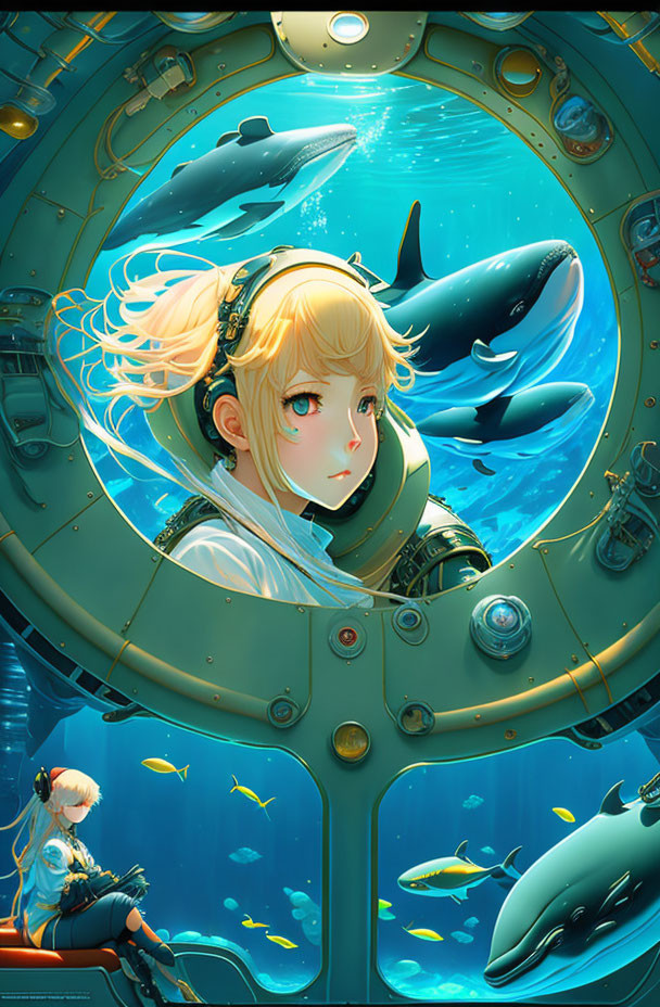 Anime-style character in submarine observing whales and fish through circular window