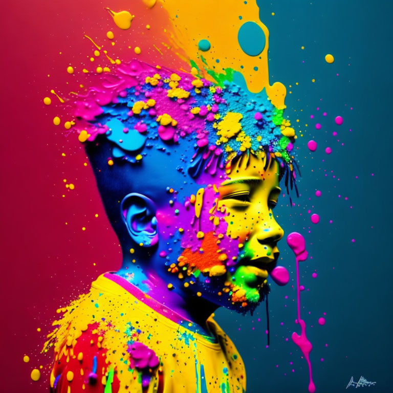 Colorful paint splashes on person's profile against vibrant background