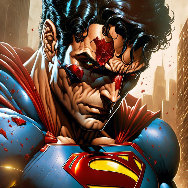 Bruised Superman with cracked visor in city backdrop