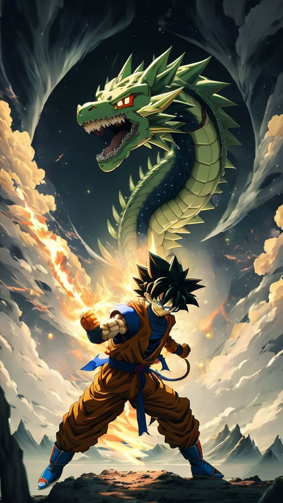 Animated character in fighting stance vs. giant green dragon under dramatic sky