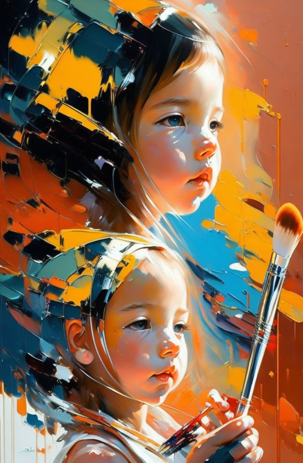 Colorful painting of young girl with brush and reflection in vibrant, abstract setting