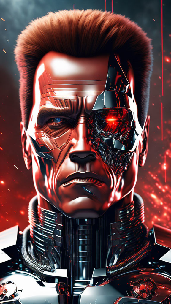 Half-human half-robot face with glowing red eye on red background