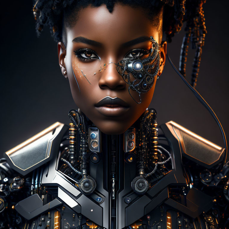 Woman portrait with intricate mechanical eye-patch & futuristic armor