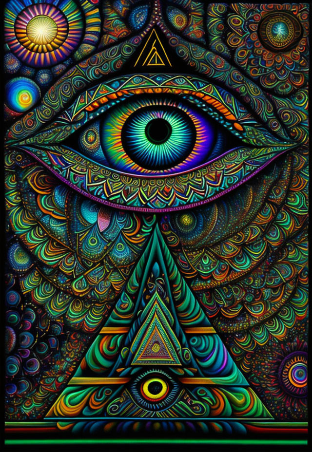 Colorful Psychedelic Illustration: All-Seeing Eye on Pyramid