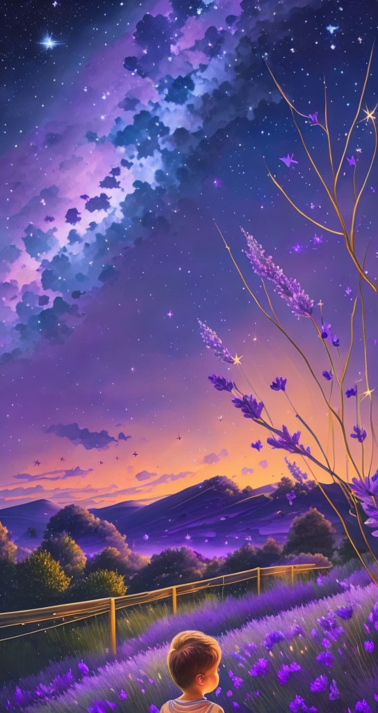 Child admires starry sky over lavender field with rolling hills and sunset