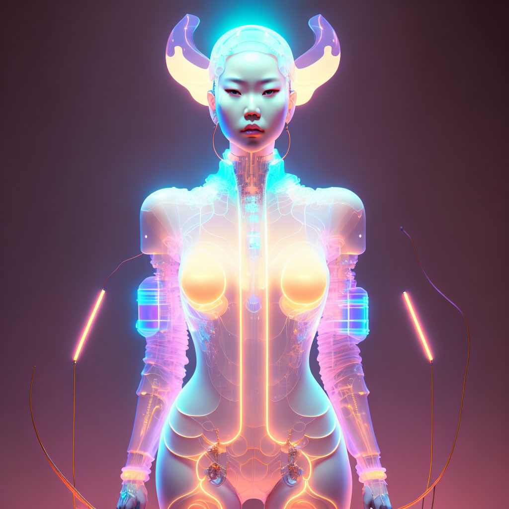 Futuristic cybernetic female with glowing patterns and illuminated horns