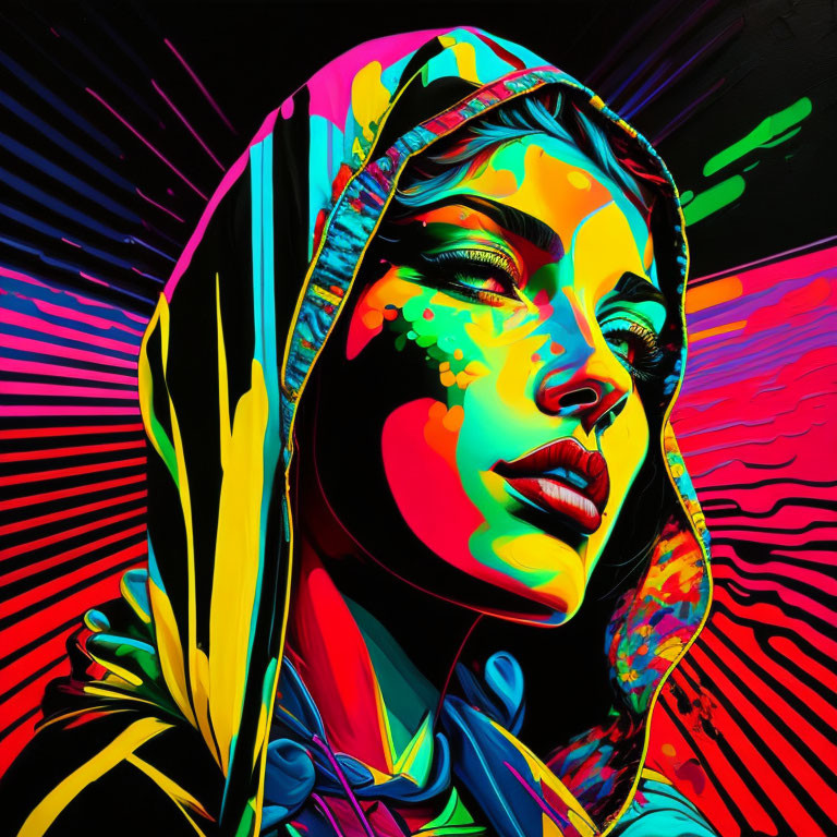 Colorful digital portrait of a woman in hijab with psychedelic patterns and neon colors