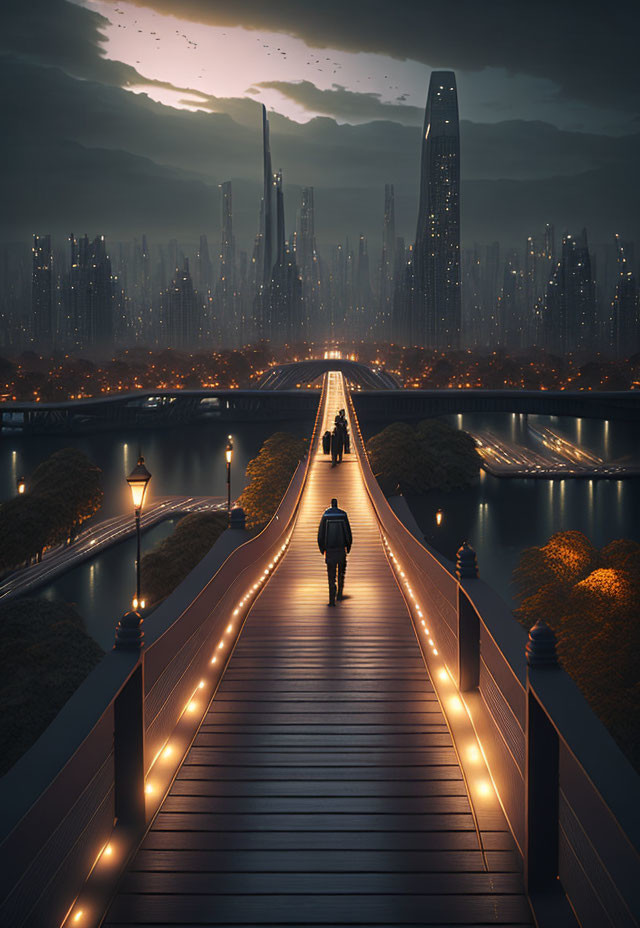 Person walking on illuminated footbridge to futuristic cityscape at twilight