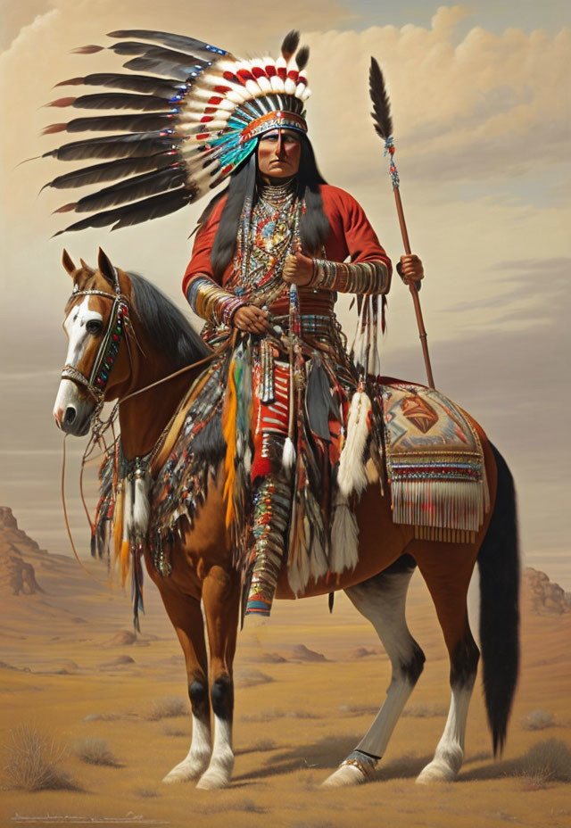 Native American Chief in Regalia with Spear Beside Adorned Horse