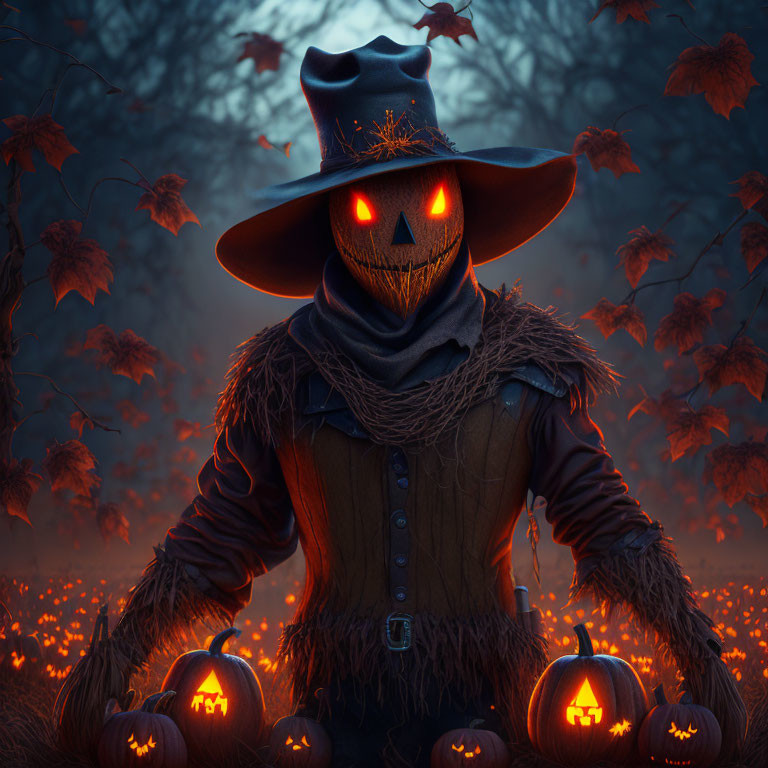 Pumpkin-headed figure in cloak among jack-o'-lanterns at twilight