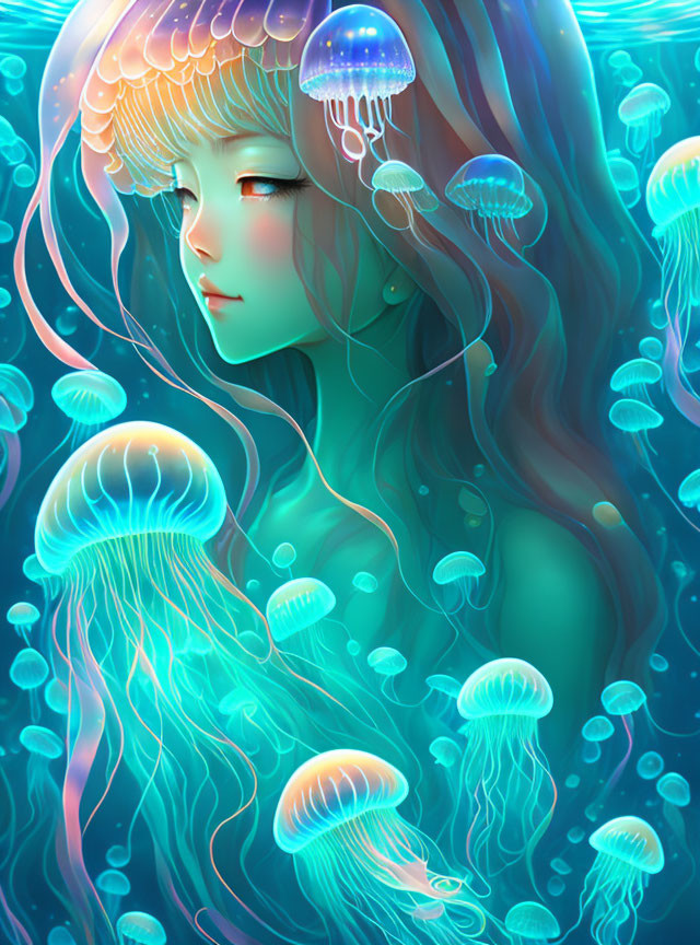 Serene woman with jellyfish-like hair in vibrant underwater scene