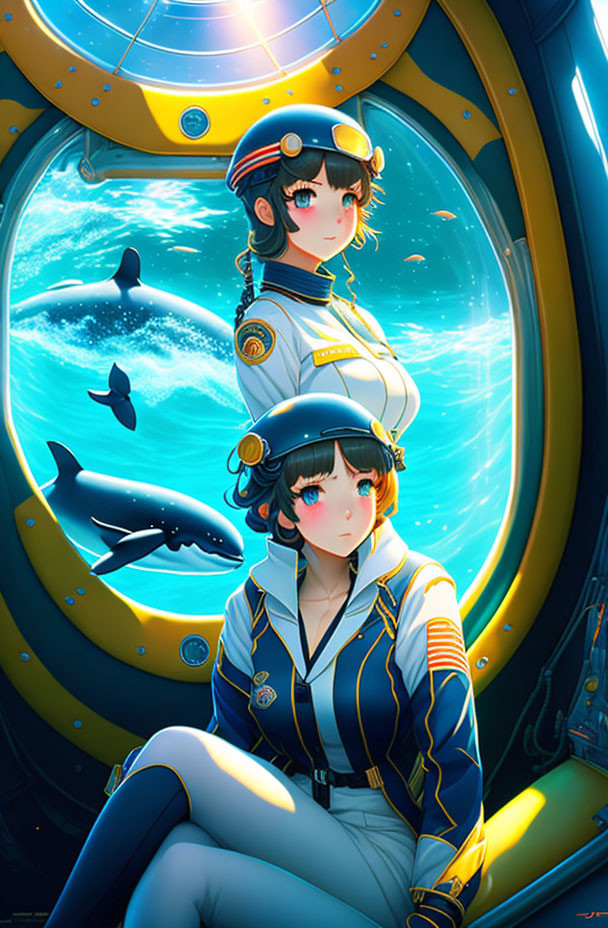 Animated characters in maritime uniforms in submarine with swimming whales visible.