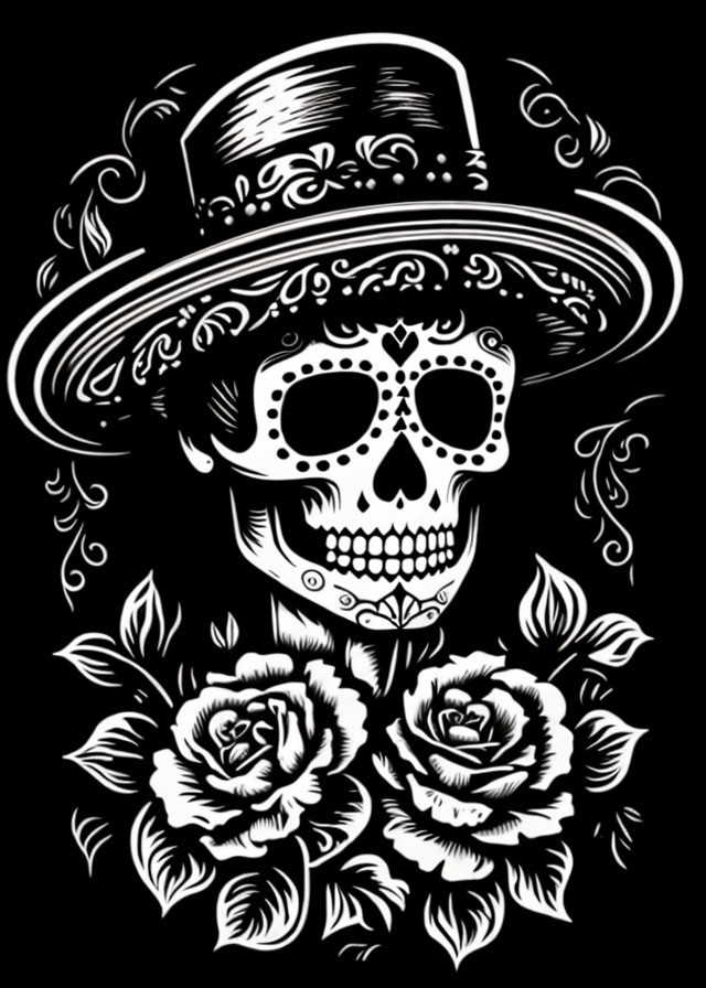 Monochrome skull with top hat and floral motifs surrounded by roses