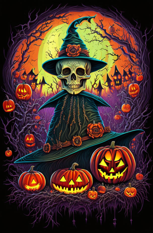 Colorful Skeleton in Witch Hat with Pumpkins, Bats, and Spooky Tree Under Full Moon