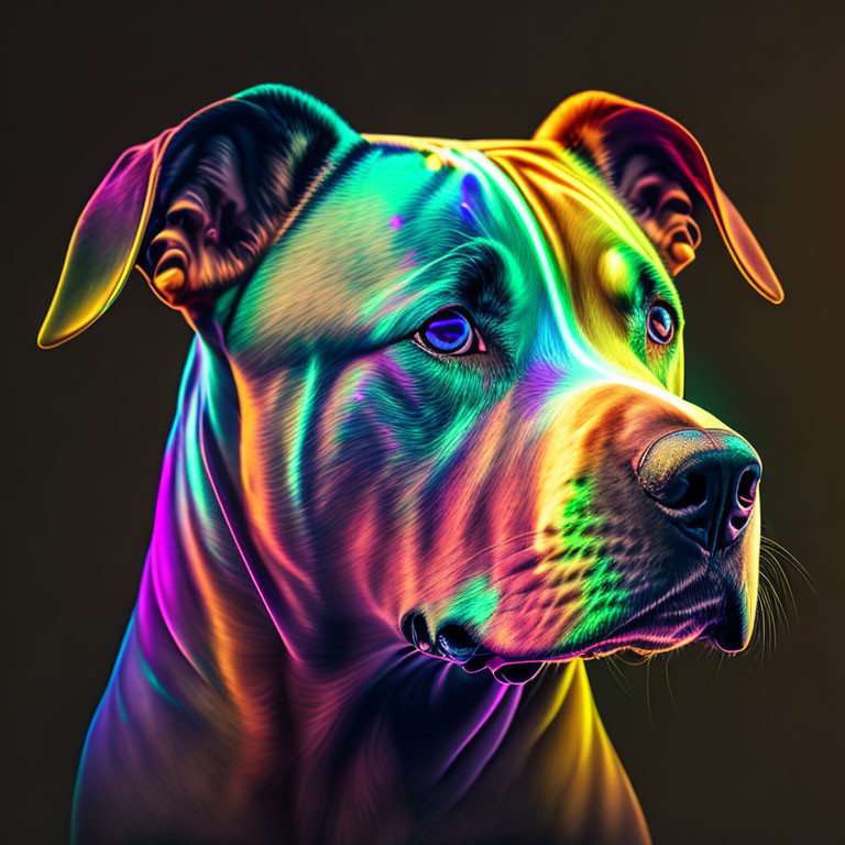 Vibrant digital art portrait of a rainbow-hued dog against a dark backdrop