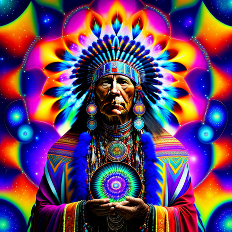 Colorful Native American Chief in Traditional Attire with Psychedelic Background