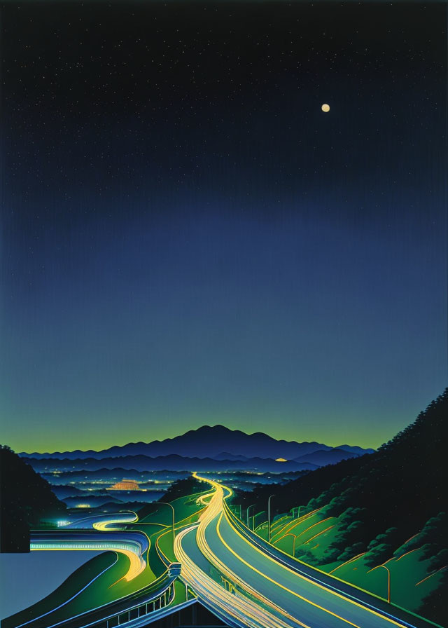 Vivid landscape with starry night, winding roads, mountain silhouettes, and bright moon