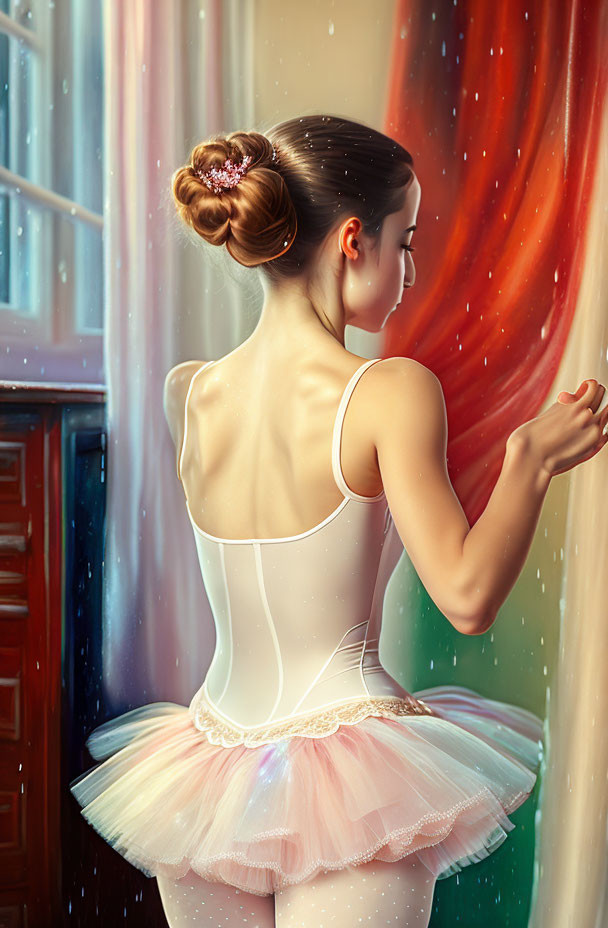 Ballerina with bun hairstyle in white tutu and leotard by window with nebula backdrop