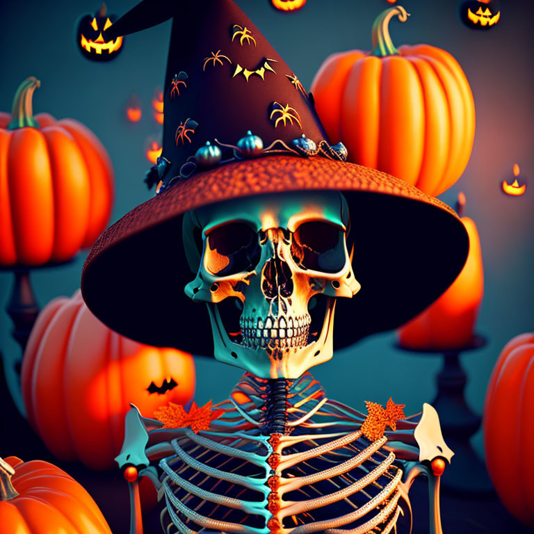 Skeleton in witch hat surrounded by pumpkins, bats, and candles