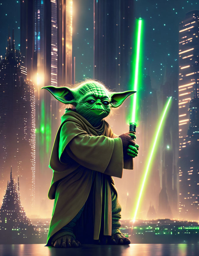 Master Yoda digital illustration with green lightsaber and futuristic cityscape