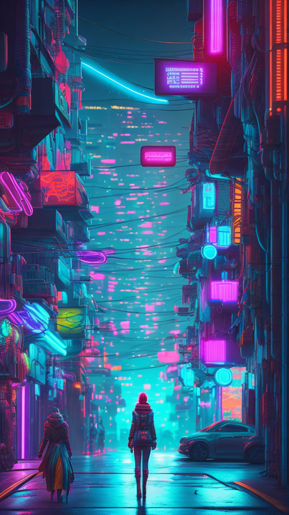 Futuristic neon-lit cityscape with people walking at night